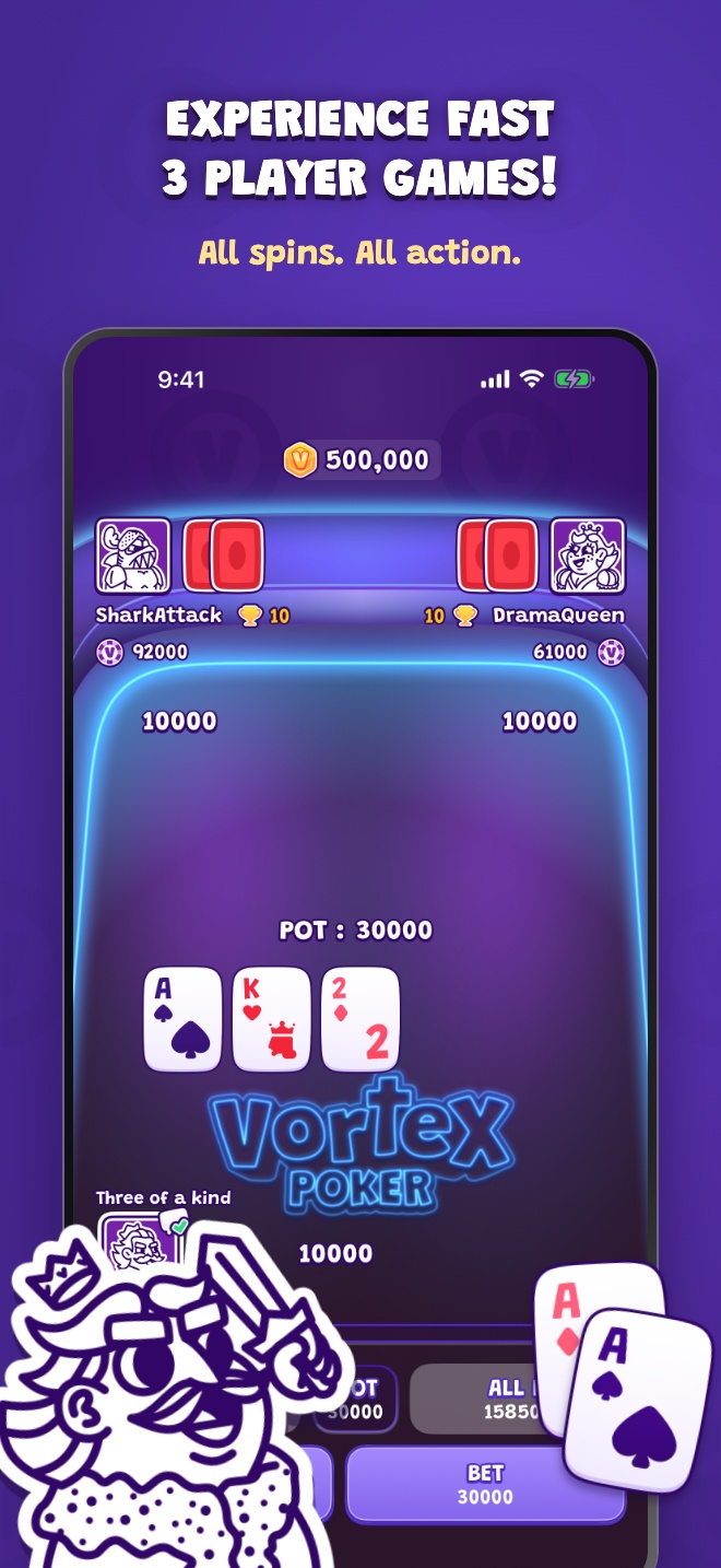 Experience fast three-player games — current VORTEX Poker gameplay