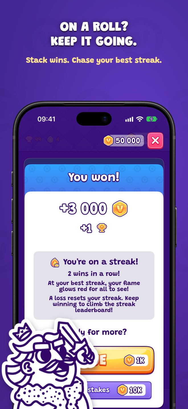 On a roll? Keep it going. — Stack wins. Chase your best streak.